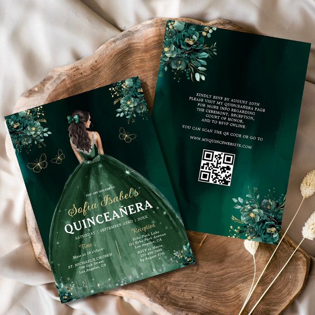 Floral Green Gown Dress QR Code Quinceanera Invitation (Creator Uploaded)