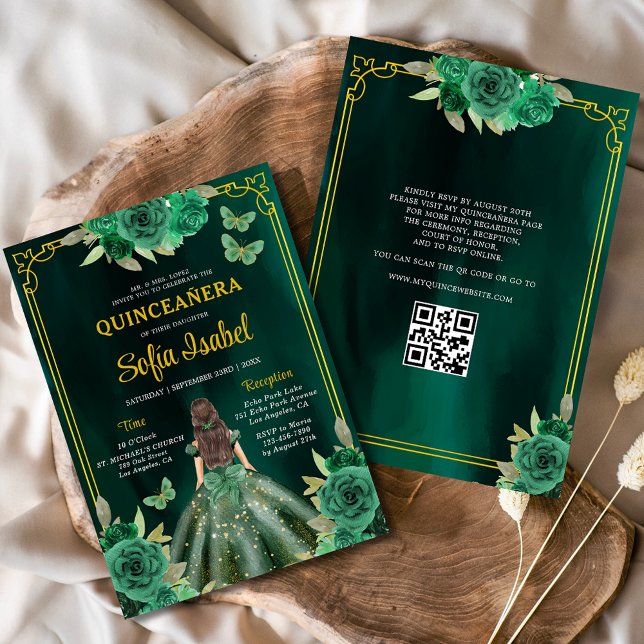 Floral Green Gown Dress QR Code Quinceanera Invitation (Creator Uploaded)