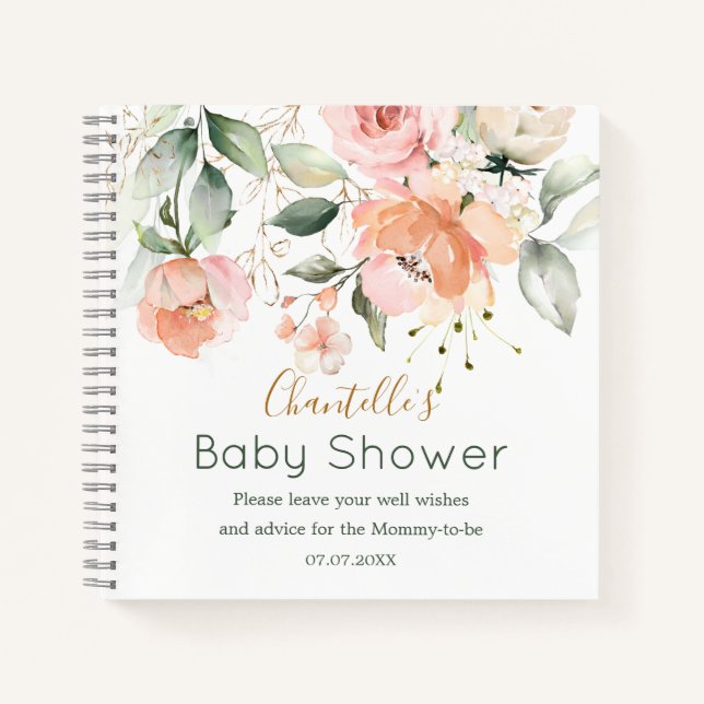 Floral, green leaves Baby Shower Spiral Notebook (Front)