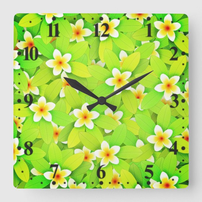 Floral Green Leaves Yellow Flowers Pattern-61717 Square Wall Clock (Front)