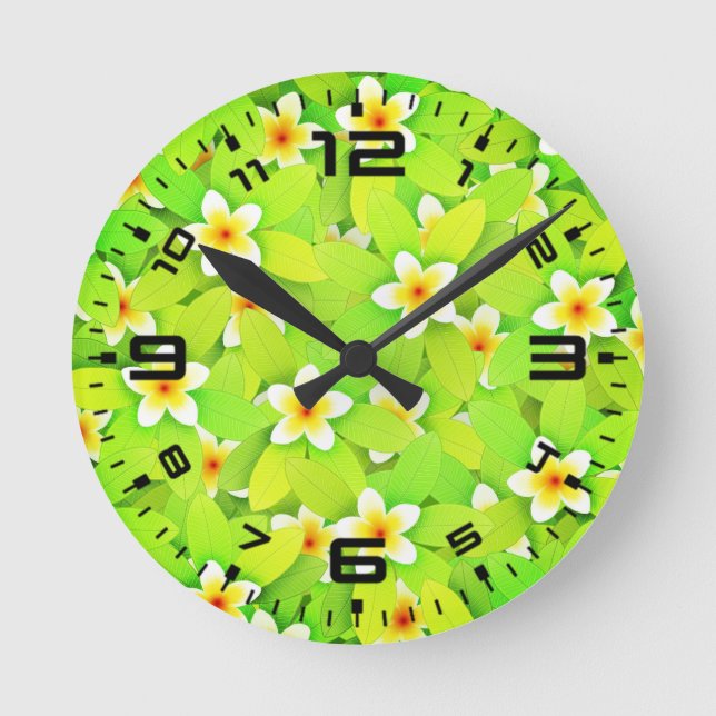 Floral Green Leaves Yellow Flowers Pattern Round Clock (Front)