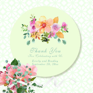 Floral Green Peach Romantic Wedding Thank You Classic Round Sticker