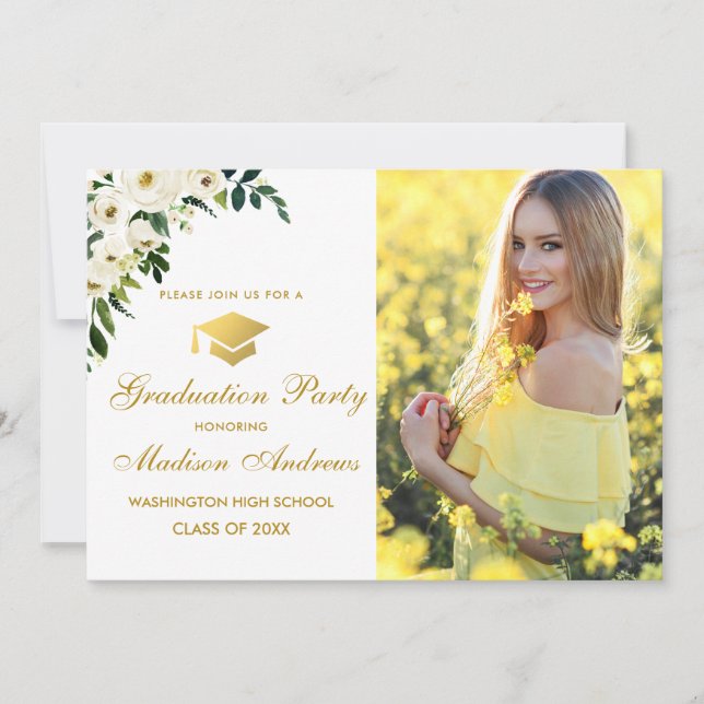 Floral Green Photo Gold Graduation Party Invite (Front)