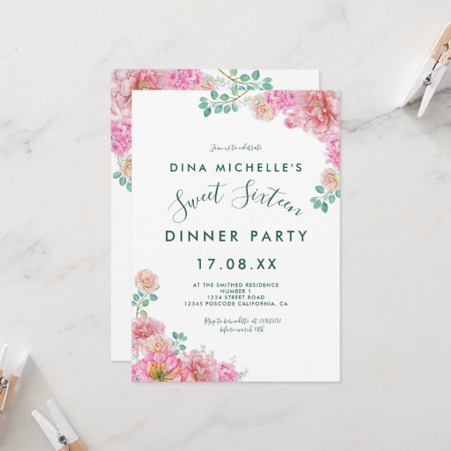 Floral Green & Pink Delicate Watercolor Sweet 16 Invitation (Front/Back In Situ)