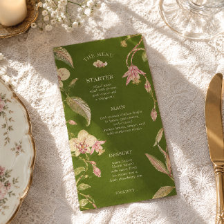 Floral Green & Pink Flower Vine Details Wedding Menu