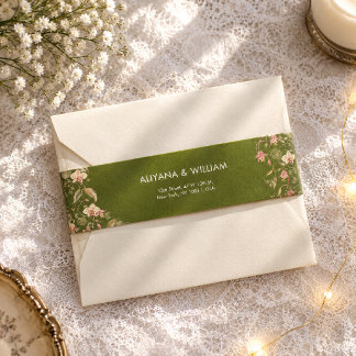 Floral Green & Pink Flower Vine Invitation Belly Band