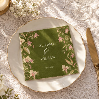 Floral Green & Pink Flower Vine Wedding Napkin