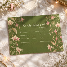 Floral Green & Pink Flower Vine Wedding RSVP Card