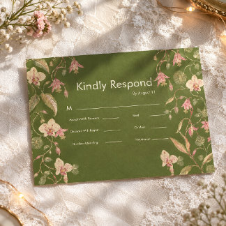 Floral Green & Pink Flower Vine Wedding RSVP Card