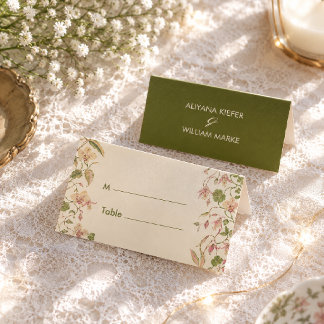Floral Green & Pink Flower Vine Wedding Table Place Card