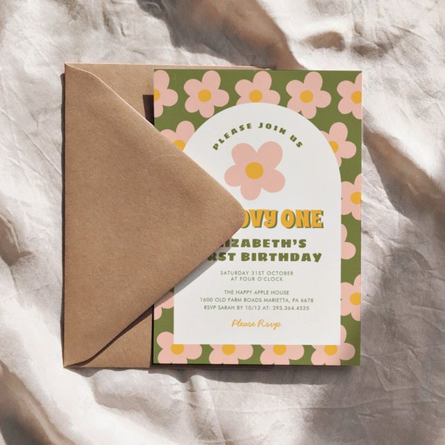 Floral Green pink Groovy One Baby First Birthday  Invitation (Creator Uploaded)