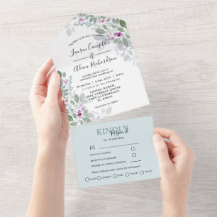Floral Green Pink Watercolor Wedding  All In One Invitation