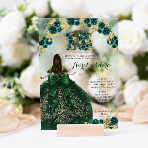 Floral Green Princess Dress Coquette Quinceanera Acrylic Invitations