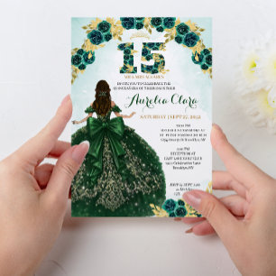 Floral Green Princess Dress Coquette Quinceanera Invitation