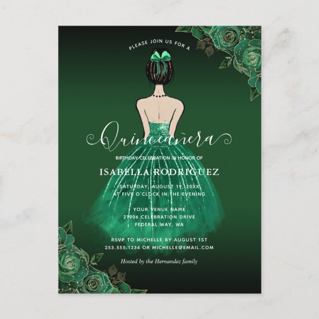 Floral Green Princess Gold Birthday Quinceañera Postcard (Front)