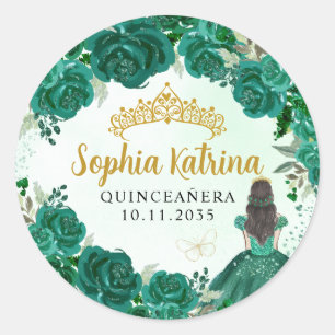 Floral Green Princess Quinceanera Birthday Favor Classic Round Sticker
