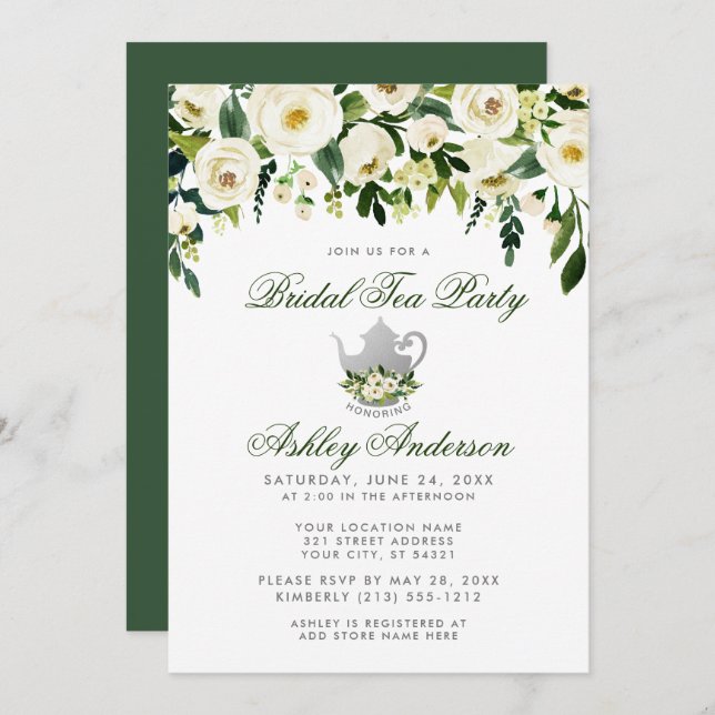 Floral Green Silver Bridal Tea Party Invitation GS (Front/Back)