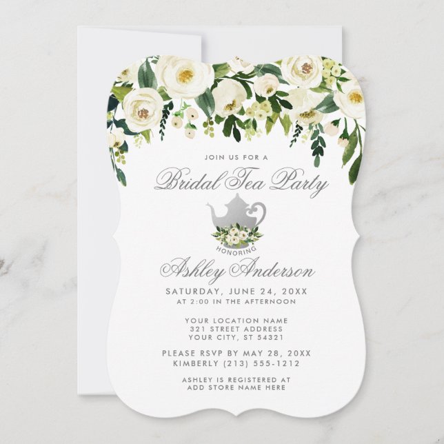 Floral Green Silver Bridal Tea Party Invite (Front)