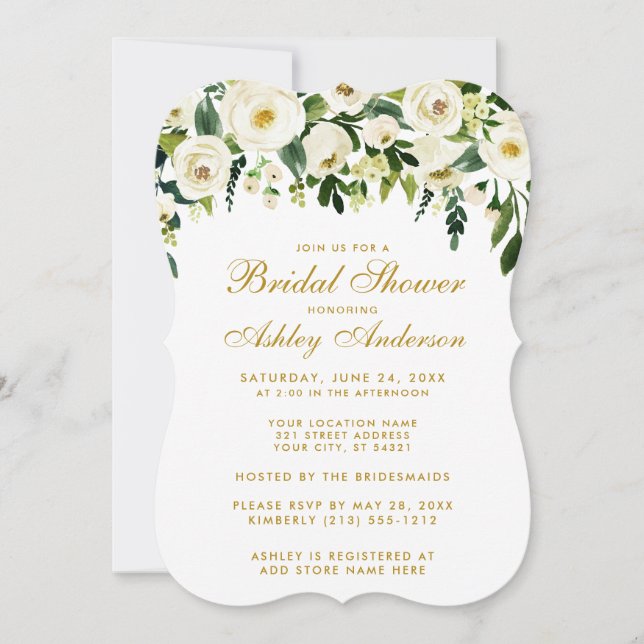 Floral Green White Gold Bridal Shower Invite BR (Front)