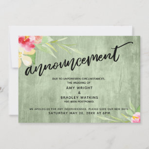 Floral Green Wood "Announcement" Postponed Wedding Invitation