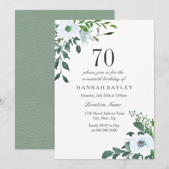 Floral Greenery 70th Birthday Party Invitation (Front/Back)