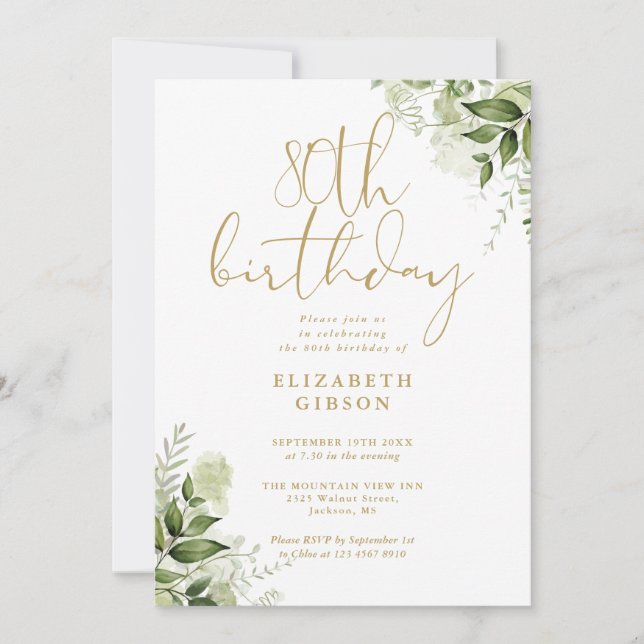 Floral Greenery 80th Birthday Party Invitation (Front)