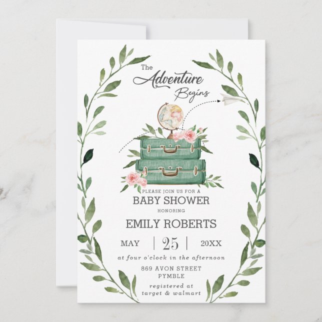 Floral Greenery Adventure Baby Shower Travel Invitation (Front)