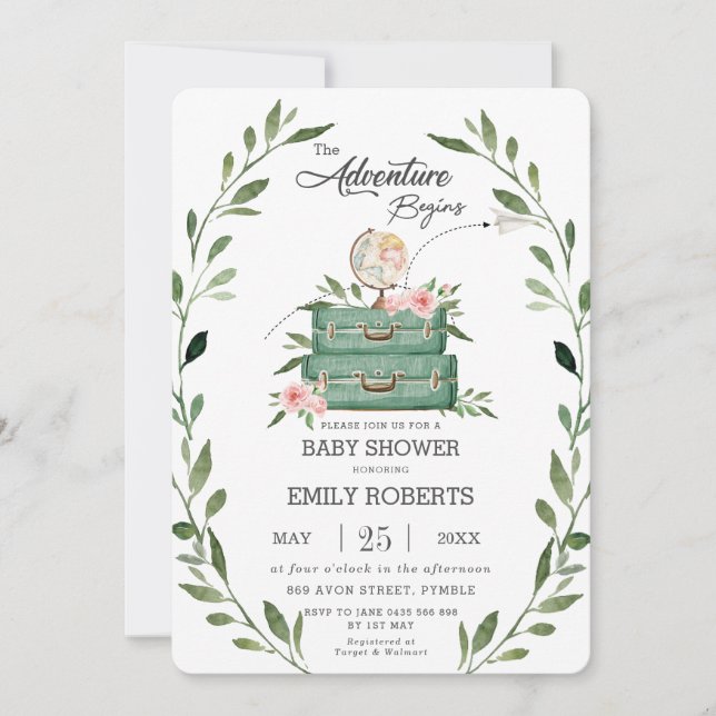 Floral Greenery Adventure Baby Shower Travel Invitation (Front)