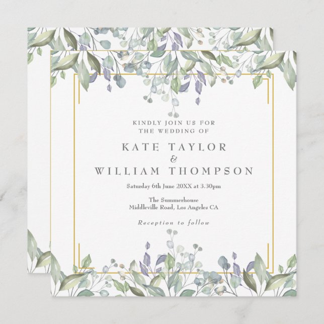 Floral Greenery All In One Square Wedding Invitation (Front/Back)