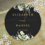 Floral Greenery Black And Gold Wedding Favour Classic Round Sticker<br><div class="desc">Elegant black and gold floral greenery sticker personalised with your names and special date. Designed by Thisisnotme©</div>