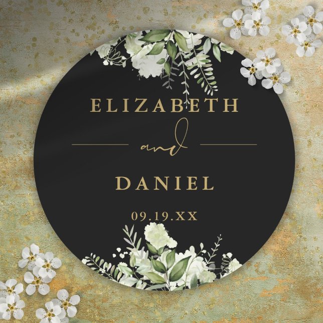 Floral Greenery Black And Gold Wedding Favour Classic Round Sticker (Floral Greenery Black And Gold Wedding Favor Classic Round Sticker)