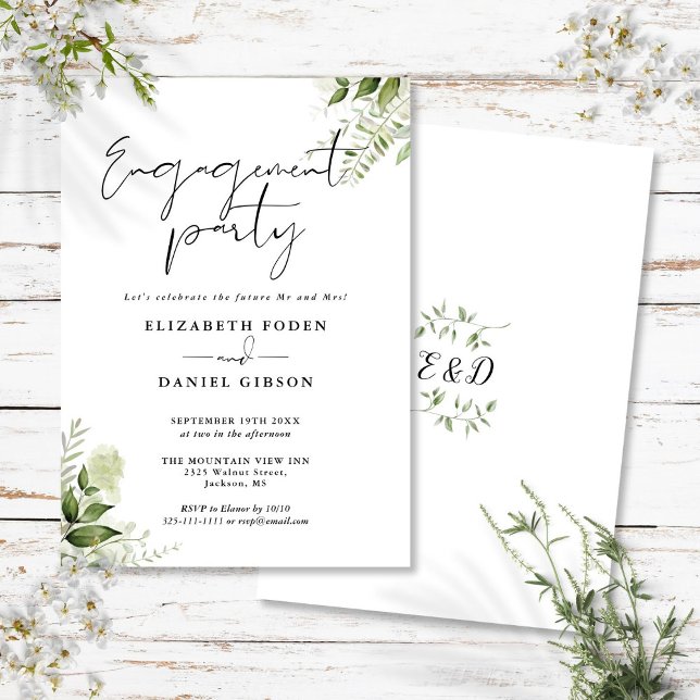 Floral Greenery Black And White Engagement Party Invitation (Floral Greenery Black And White Engagement Party Invitation)