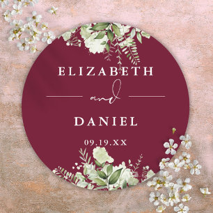 Floral Greenery Burgundy Wedding Favor Classic Round Sticker