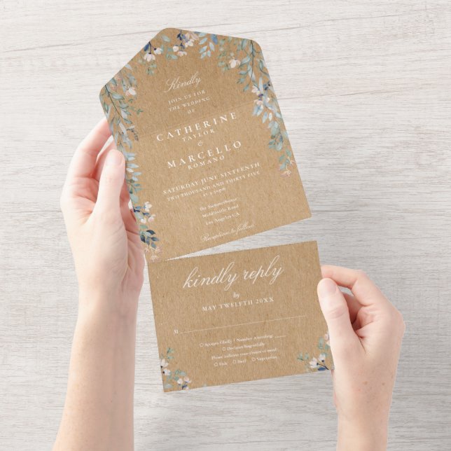 Floral Greenery Cascade Rustic Kraft Wedding All In One Invitation (Tearaway)