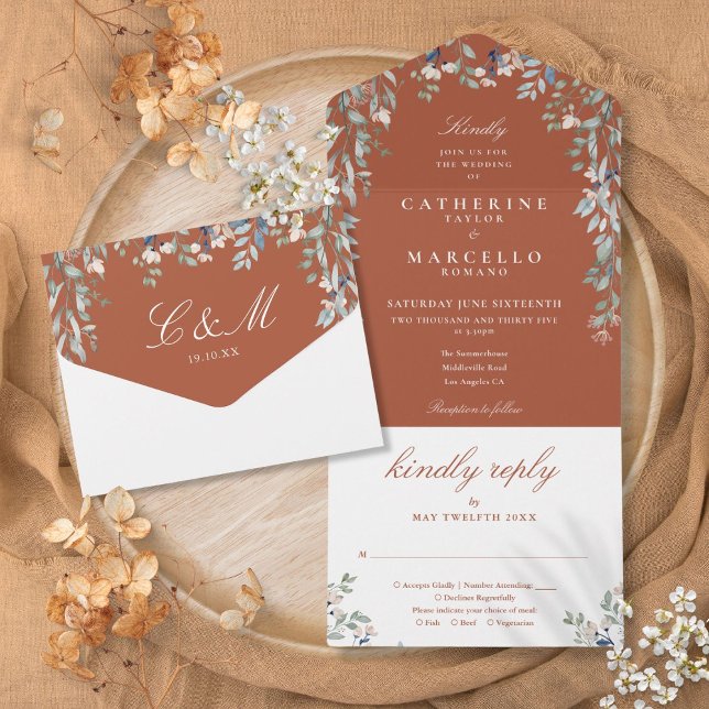 Floral Greenery Cascade Terracotta Wedding All In One Invitation (Floral Greenery Cascade Terracotta Wedding All In One Invitation)