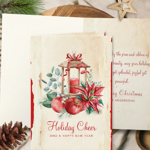 Floral Greenery Christmas Ribbon Red Poinsettia Holiday Card