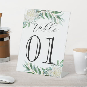 Floral, Greenery, Custom Number, Wedding, Café Pedestal Sign