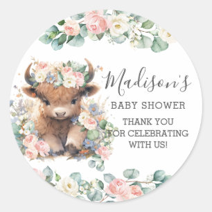 Floral Greenery Cute Highland Cow Thank You Favour Classic Round Sticker