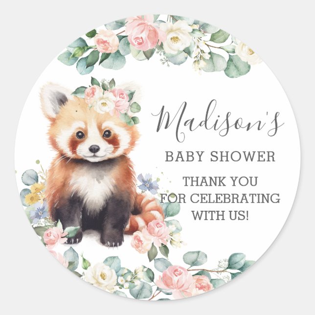 Floral Greenery Cute Red Panda Thank You Favour Classic Round Sticker (Front)