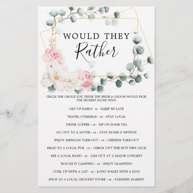 Floral Greenery Double Sided Bridal Shower Games (Front)