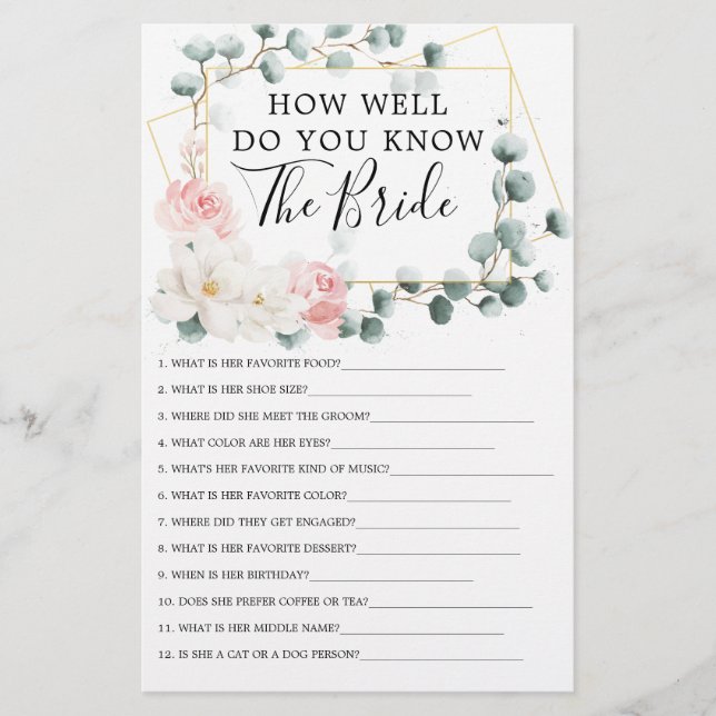 Floral Greenery Double Sided Bridal Shower Games (Front)