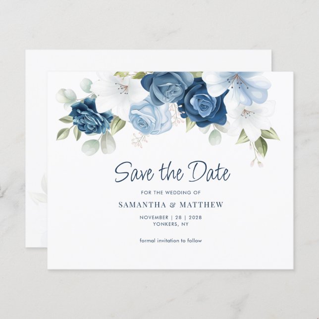 Floral Greenery Dusty Blue Save the Date (Front/Back)