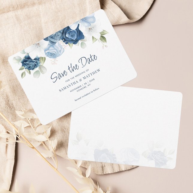 Floral Greenery Dusty Blue Watercolor Save The Date (Dusty Blue Floral Wedding Save the Date Announcement)