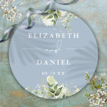 Floral Greenery Dusty Blue Wedding Favour Classic Round Sticker<br><div class="desc">Elegant dusty blue floral greenery sticker personalised with your names and special date. Designed by Thisisnotme©</div>