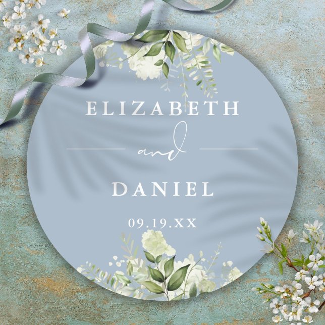 Floral Greenery Dusty Blue Wedding Favour Classic Round Sticker (Floral Greenery Dusty Blue Wedding Favor Classic Round Sticker)