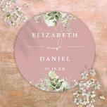 Floral Greenery Dusty Rose Wedding Favour Classic Round Sticker<br><div class="desc">Elegant dusty rose floral greenery sticker personalised with your names and special date. Designed by Thisisnotme©</div>