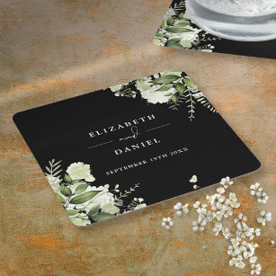 Floral Greenery Elegant Black And White Wedding Square Paper Coaster
