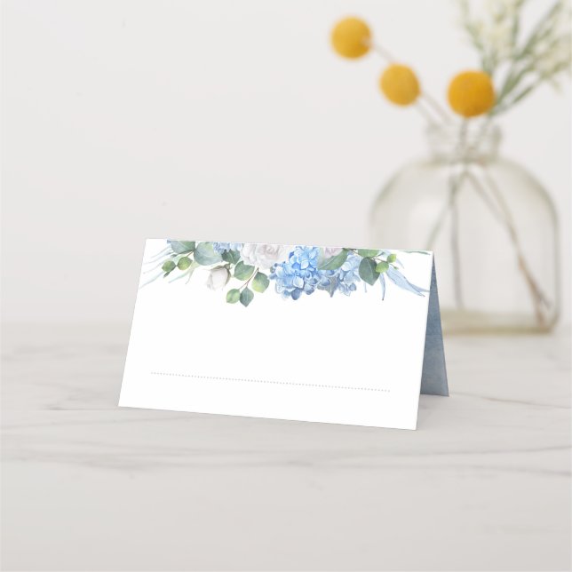 Floral Greenery Elegant Dusty Blue Wedding Place Card (Back)