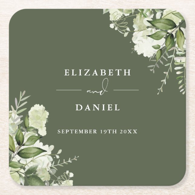 Floral Greenery Elegant Olive Green Wedding Square Paper Coaster (Front)