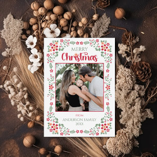 Floral Greenery Elegant One Photo Christmas Holiday Card